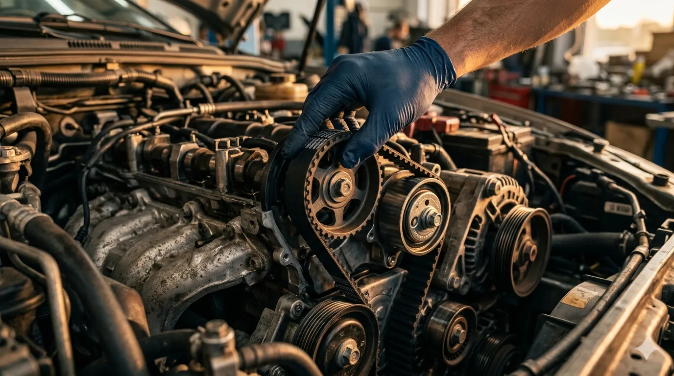 Gros plan sur une courroie de distribution crantée neuve en cours de montage sur un moteur de voiture dans un atelier de réparation.