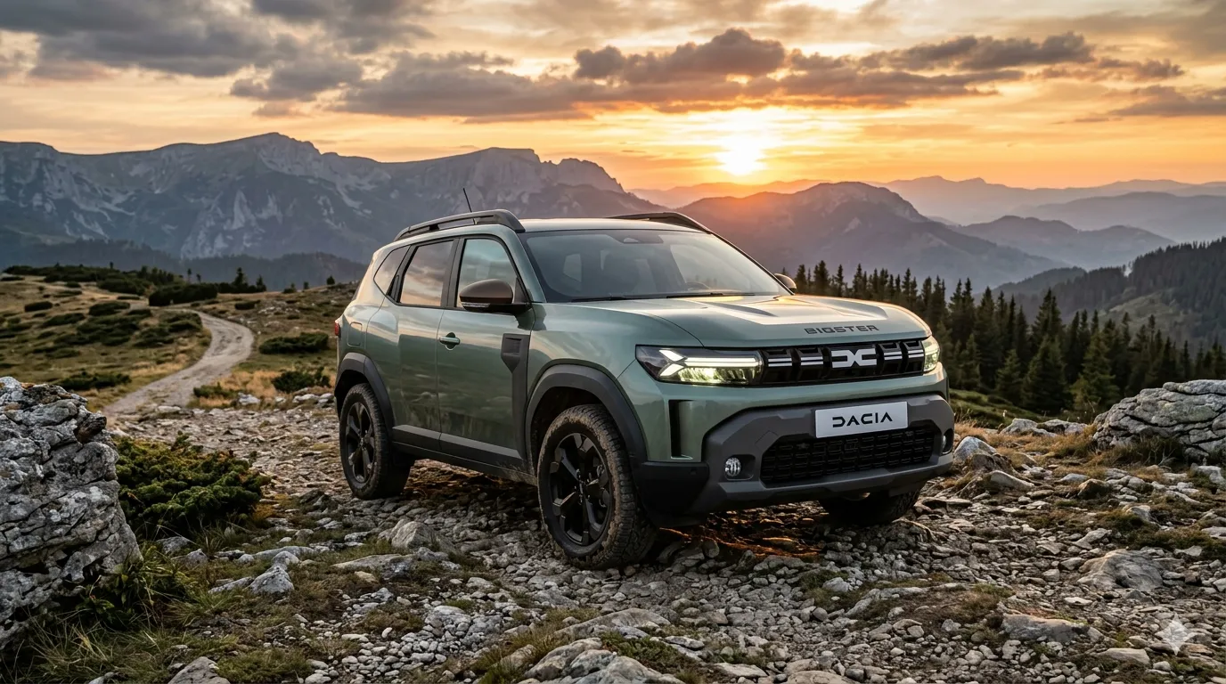 ue avant trois-quarts du Dacia Bigster 2026 vert kaki sur une route de montagne, testé par l'expert de Motorlab.