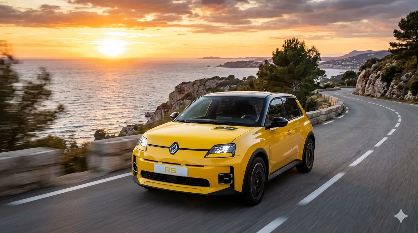 Vue avant trois-quarts de la Renault 5 E-Tech 2026 jaune lors d'un essai routier au coucher de soleil par Motorlab